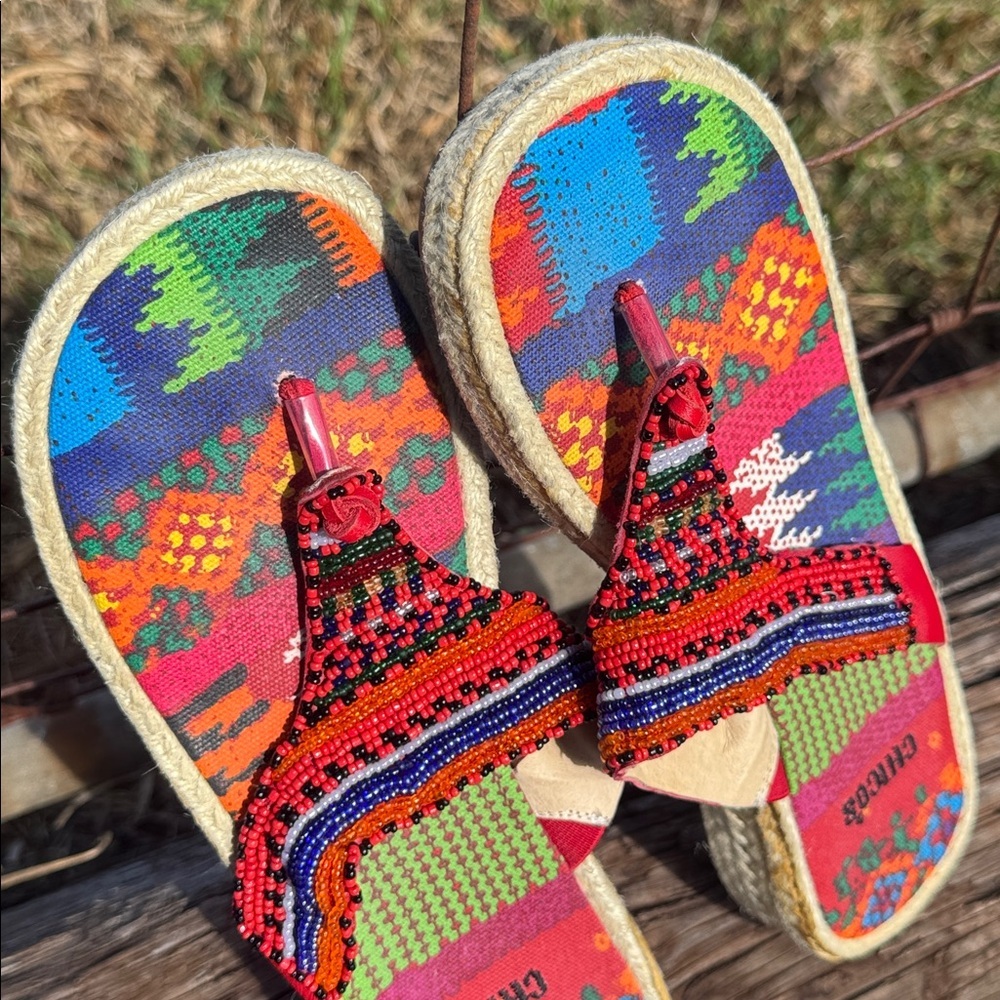 Chicos Beaded Espadrille Colorful Flip Flop Sandals leather BOho Beach Size 6 - Picture 7 of 9